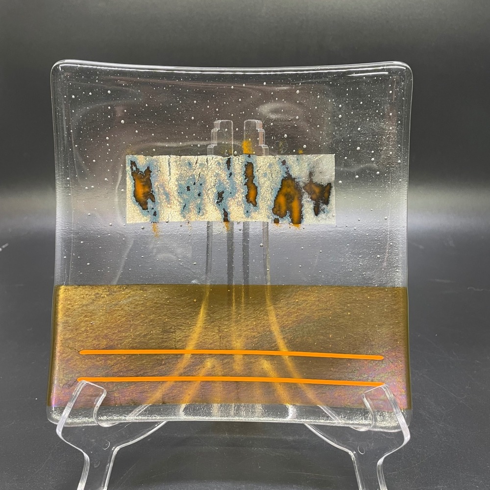 S Hawthorne Fused Glass Art Plate Square Amber Gold Iridescent Abstract 8" Mod
